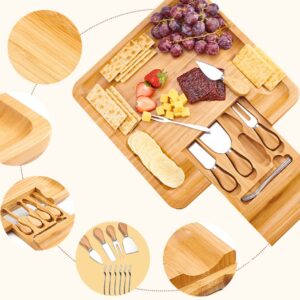 Utoplike Cheese Board Set, Bamboo Charcuterie Boards Server, Large Chacutery Platter Serving Tray with 4 Stainless Steel Knife Folks in Drawer, Perfect for Birthday, Housewarming