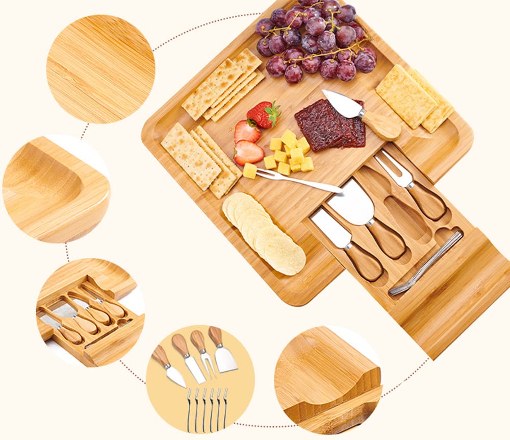 Utoplike Cheese Board Set, Bamboo Charcuterie Boards Server, Large Chacutery Platter Serving Tray with 4 Stainless Steel Knife Folks in Drawer, Perfect for Birthday, Housewarming