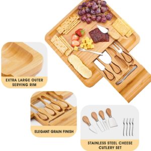 Utoplike Cheese Board Set, Bamboo Charcuterie Boards Server, Large Chacutery Platter Serving Tray with 4 Stainless Steel Knife Folks in Drawer, Perfect for Birthday, Housewarming