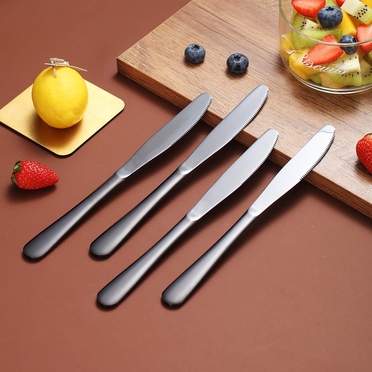 Berglander Black Dinner Knives Set Of 4, Stainless Steel Titanium Plating Shiny Black Dinner Knife, Butter Knife Spreader Table Knives Sturdy And Dishwasher Safe