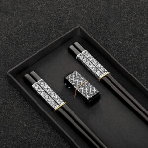 tiicoo metal chopsticks reusable 2 pairs titanium plated stainless steel18/8 chopsticks with holder, dishwasher safe lightweight japanese style chopsticks gift set(black)