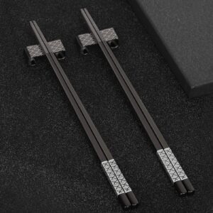 TIICOO Metal Chopsticks Reusable 2 Pairs Titanium Plated Stainless Steel18/8 Chopsticks with Holder, Dishwasher Safe Lightweight Japanese Style Chopsticks Gift Set(Black)