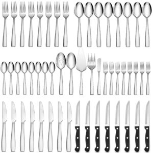 haware 53 pieces silverware set with steak knives and serving utensils, stainless steel flatware cutlery set for 8, fancy tableware eating utensils for home restaurant, mirror polish, dishwasher safe