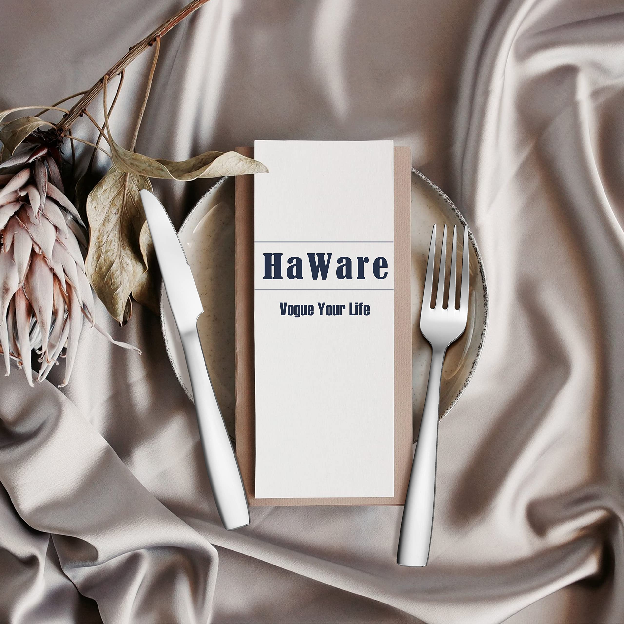 HaWare 53 Pieces Silverware Set with Steak Knives and Serving Utensils, Stainless Steel Flatware Cutlery Set for 8, Fancy Tableware Eating Utensils for Home Restaurant, Mirror Polish, Dishwasher Safe