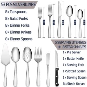 HaWare 53 Pieces Silverware Set with Steak Knives and Serving Utensils, Stainless Steel Flatware Cutlery Set for 8, Fancy Tableware Eating Utensils for Home Restaurant, Mirror Polish, Dishwasher Safe