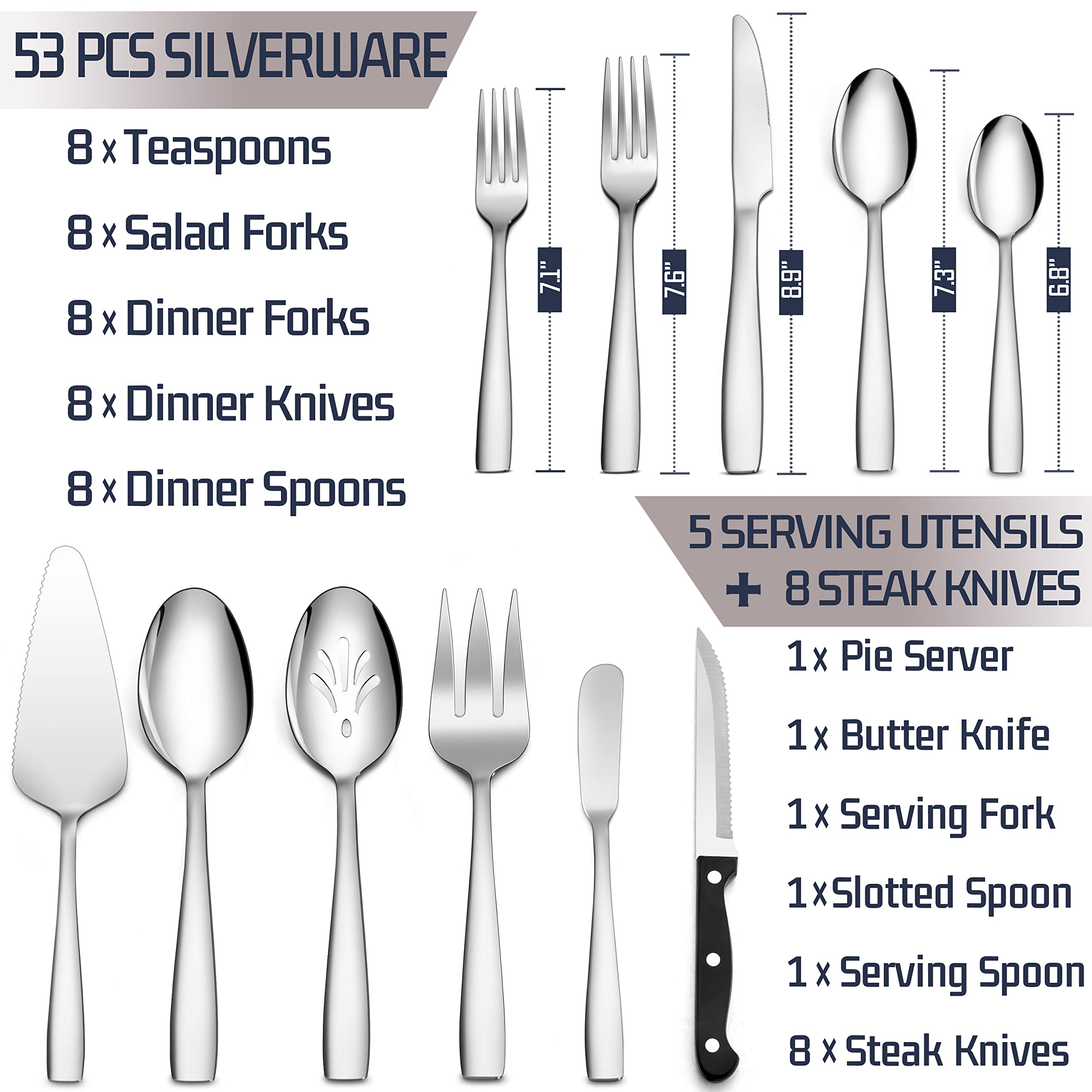 HaWare 53 Pieces Silverware Set with Steak Knives and Serving Utensils, Stainless Steel Flatware Cutlery Set for 8, Fancy Tableware Eating Utensils for Home Restaurant, Mirror Polish, Dishwasher Safe