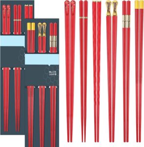6 pairs red chopsticks, chinese reusable chopsticks dishwasher saf, 9.6in/24.3cm anti-slip chop sticks fiberglass for family