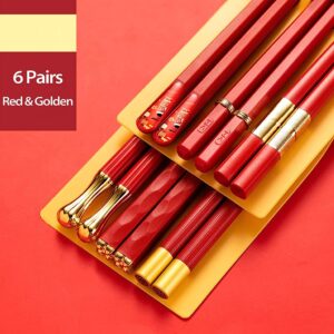 6 Pairs Red Chopsticks, Chinese Reusable Chopsticks Dishwasher Saf, 9.6in/24.3cm Anti-Slip Chop Sticks Fiberglass for Family