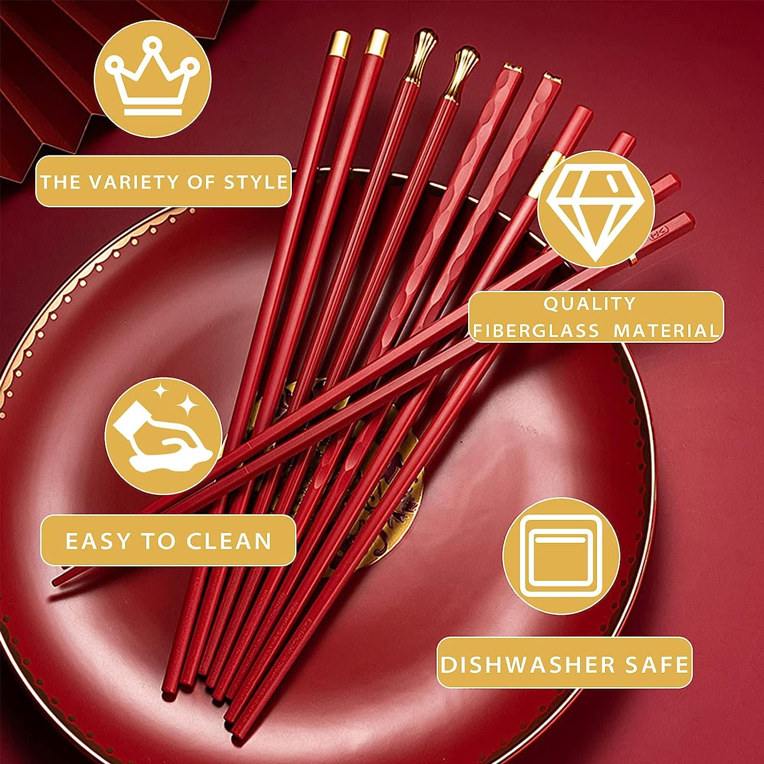 6 Pairs Red Chopsticks, Chinese Reusable Chopsticks Dishwasher Saf, 9.6in/24.3cm Anti-Slip Chop Sticks Fiberglass for Family