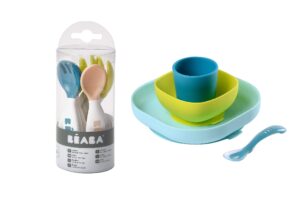 beaba toddler self feeding cutlery and silicone 4-piece meal set - soft, unbreakable, non-slip suction bottom