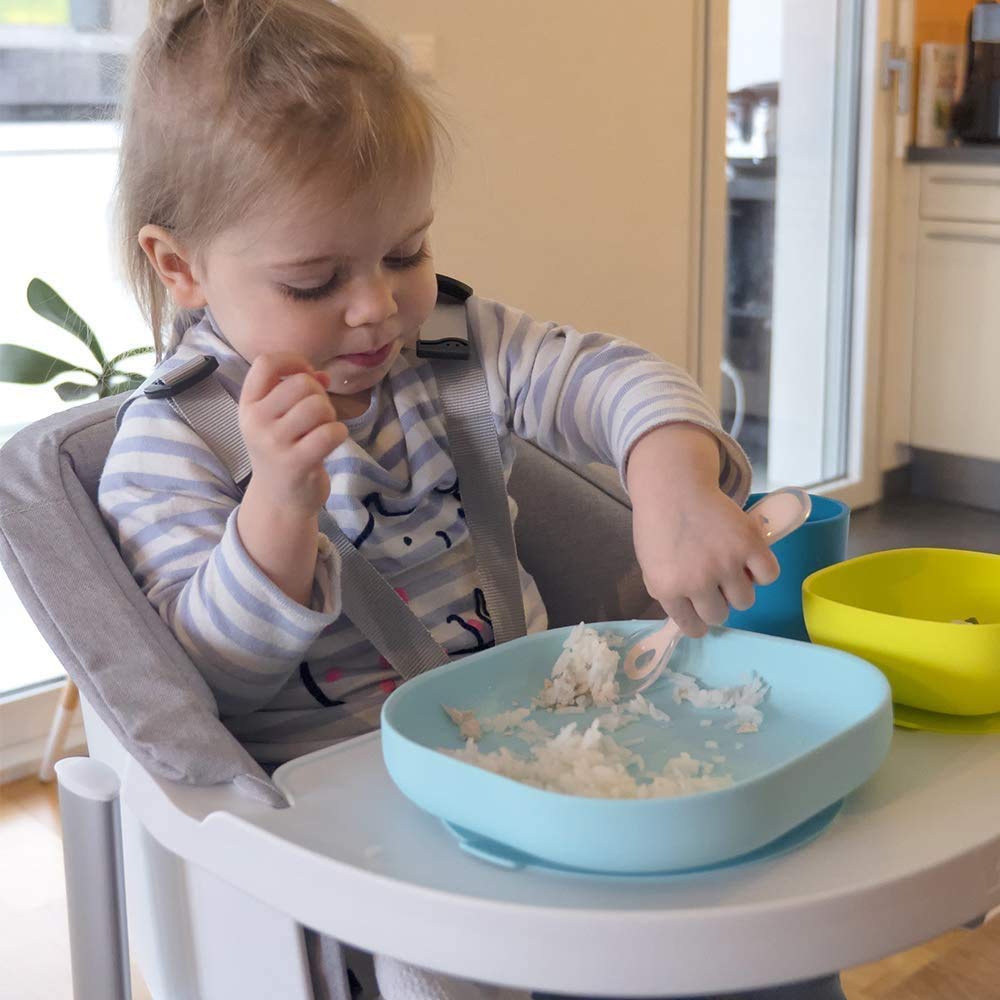 BEABA Toddler Self Feeding Cutlery and Silicone 4-Piece Meal Set - Soft, Unbreakable, Non-Slip Suction Bottom