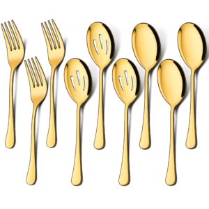 homikit 3 pieces large gold serving spoons, 3 slotted serving spoons and 3 serving forks, stainless steel serving utensils hostess set for catering buffet, dishwasher safe