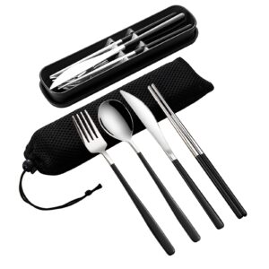 vanra 4-piece portable travel utensils set with case 18/8 stainless steel flatware set reusable cutlery set with fork spoon knife chopstick for lunch travel camping school work picnic (black)