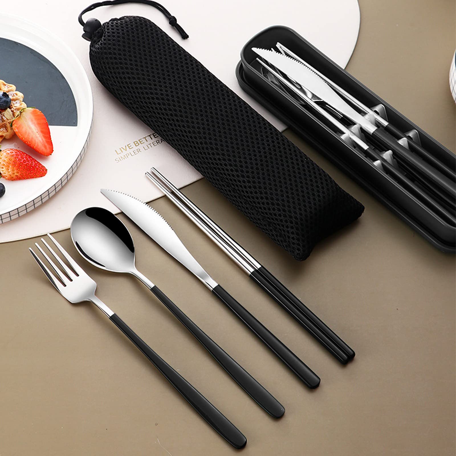 VANRA 4-Piece Portable Travel Utensils Set with Case 18/8 Stainless Steel Flatware Set Reusable Cutlery Set with Fork Spoon Knife Chopstick for Lunch Travel Camping School Work Picnic (Black)