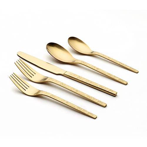 20 Piece Matte Gold Embossed Eve Pattern Handle Silverware Set, Ornative Eve Flatware Cutlery Set Service for 4, Includes Knives, Forks, Spoons, Stainless Steel Utensil Set, Dishwasher Safe