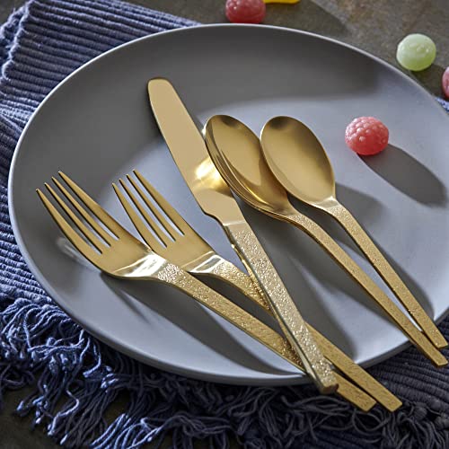 20 Piece Matte Gold Embossed Eve Pattern Handle Silverware Set, Ornative Eve Flatware Cutlery Set Service for 4, Includes Knives, Forks, Spoons, Stainless Steel Utensil Set, Dishwasher Safe