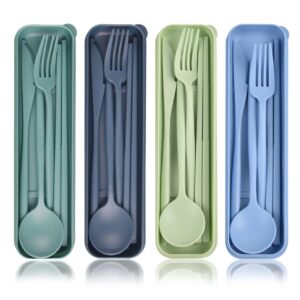 travel utensils with case, 4 sets reusable utensils set for lunch box, plastic travel cutlery set, portable knife spoon fork chopsticks utensil sets, tableware for camping picnic daily use