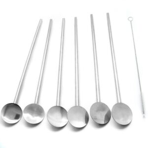 fine stainless steel reusable spoon drink straw set long spoons/stirrer flatware for your home 6pcs value set with free cleaner