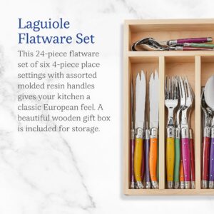 Jean Dubost Laguiole 24-Piece Everyday Flatware Set, Fruity Handles - Rust-Resistant Stainless Steel - Includes Wooden Tray - Made in France