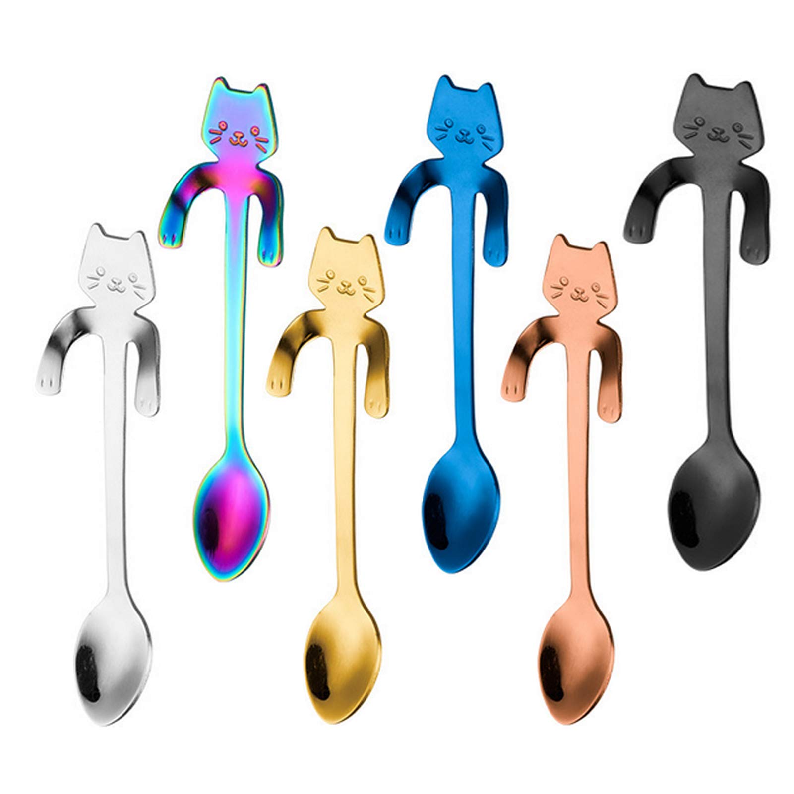 Cat Spoon Coffee Teaspoon, PBIEHSR Stainless Steel Hanging Cup Tea Spoon Two Different Lengths Dessert Scoop for Stirring Drink Mixing Milkshake Jam, Set of 6 (Multicolor-S)