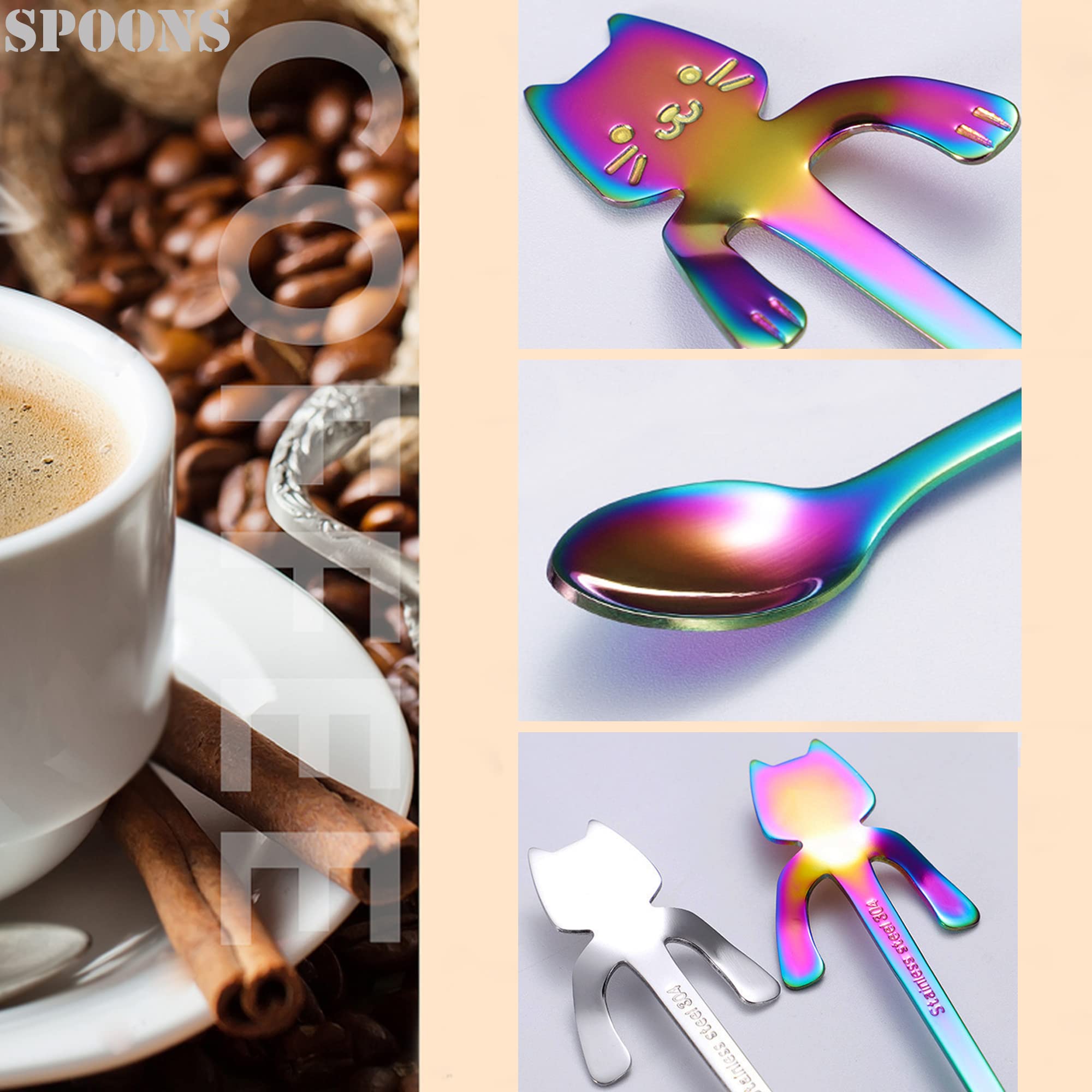 Cat Spoon Coffee Teaspoon, PBIEHSR Stainless Steel Hanging Cup Tea Spoon Two Different Lengths Dessert Scoop for Stirring Drink Mixing Milkshake Jam, Set of 6 (Multicolor-S)