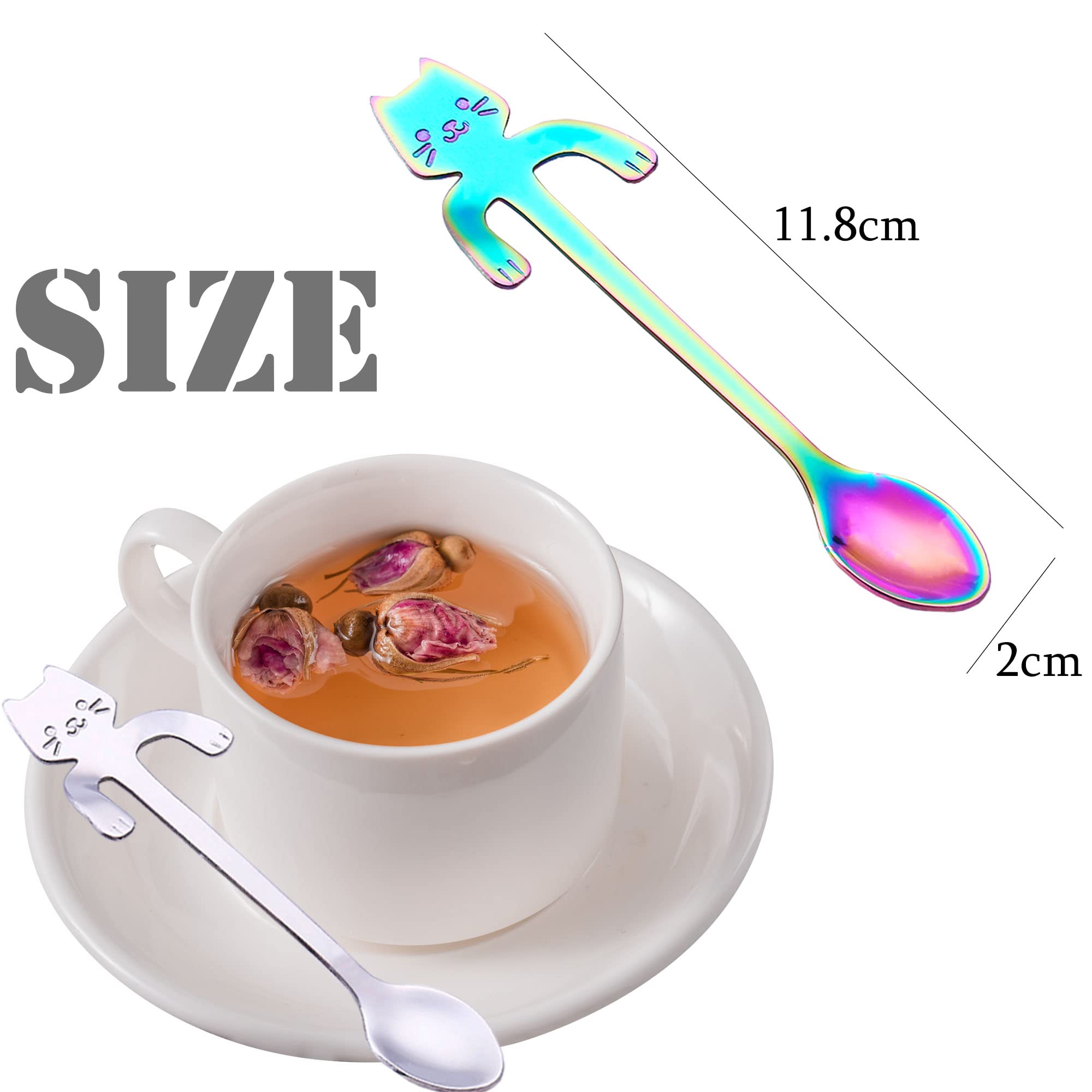 Cat Spoon Coffee Teaspoon, PBIEHSR Stainless Steel Hanging Cup Tea Spoon Two Different Lengths Dessert Scoop for Stirring Drink Mixing Milkshake Jam, Set of 6 (Multicolor-S)