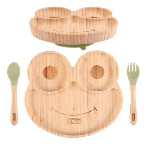 3pcs bamboo baby plate with silicone spoon & fork, baby suction food plate, all-natural baby plate for babies & toddlers, baby led weaning supplies non slip & bpa free (green-frog