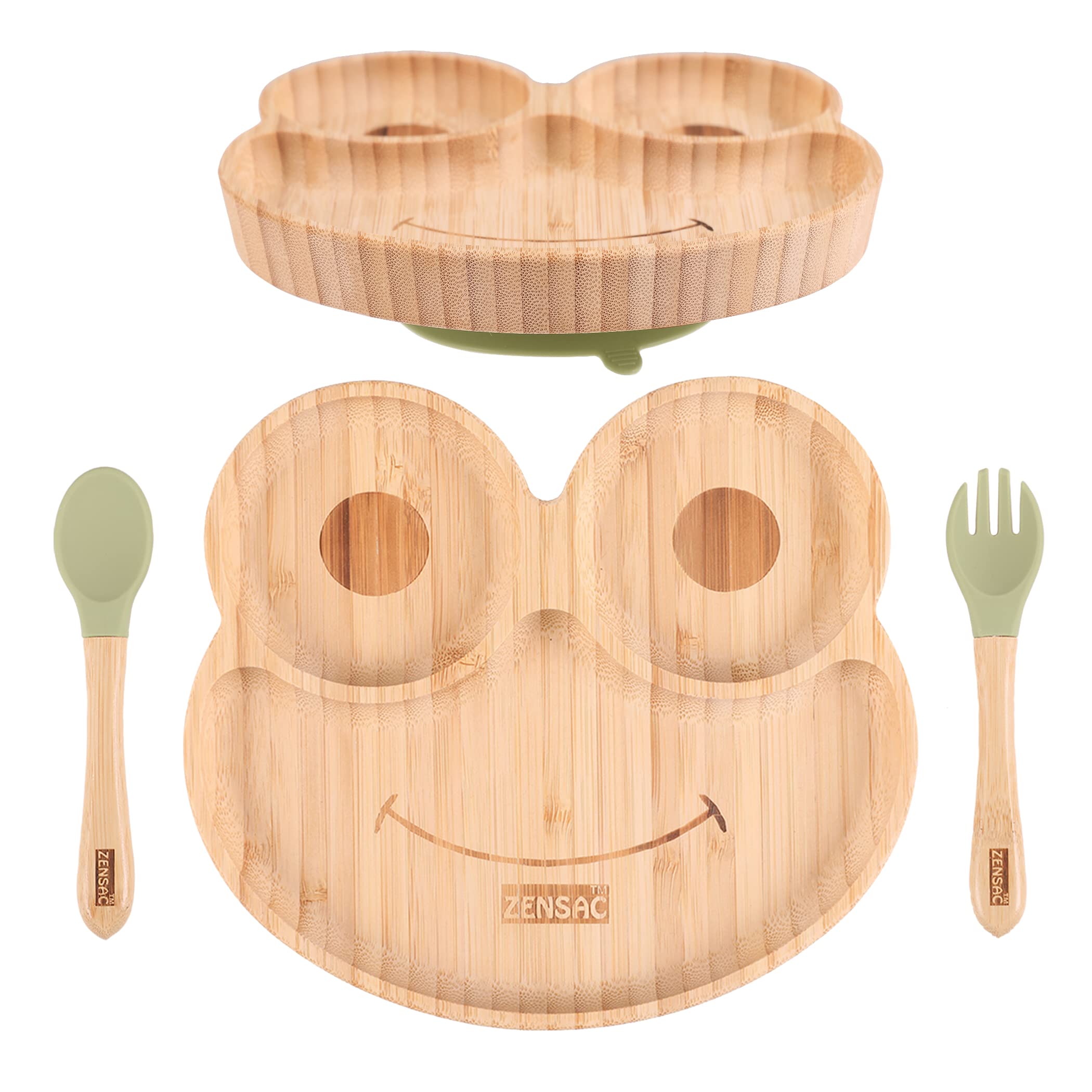 3PCS Bamboo Baby Plate with Silicone Spoon & Fork, Baby Suction Food Plate, All-Natural Baby Plate for Babies & Toddlers, Baby Led Weaning Supplies Non Slip & BPA Free (Green-Frog