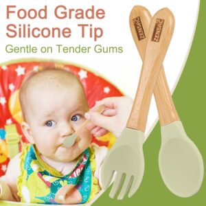 3PCS Bamboo Baby Plate with Silicone Spoon & Fork, Baby Suction Food Plate, All-Natural Baby Plate for Babies & Toddlers, Baby Led Weaning Supplies Non Slip & BPA Free (Green-Frog