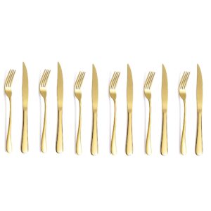 rygten qu 12-piece gold steak knives set, fork and knife set for 6, stainless steel knife set of 12, dishwasher safe