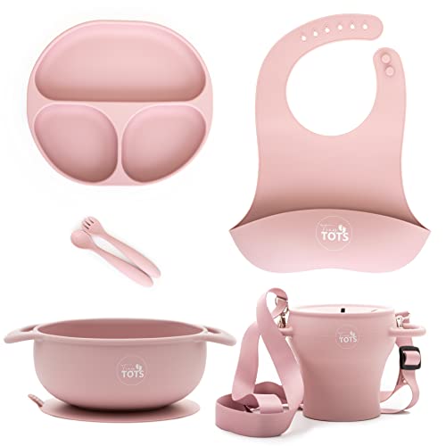 Tiny Tots - Baby Led Weaning Supplies - Feeding Essentials - Baby suction paltes & supplies: Bib, Suction Bowl & Suction Plate, Collapsible Cup, and Utensils - Easy to use feeding set (Pink)