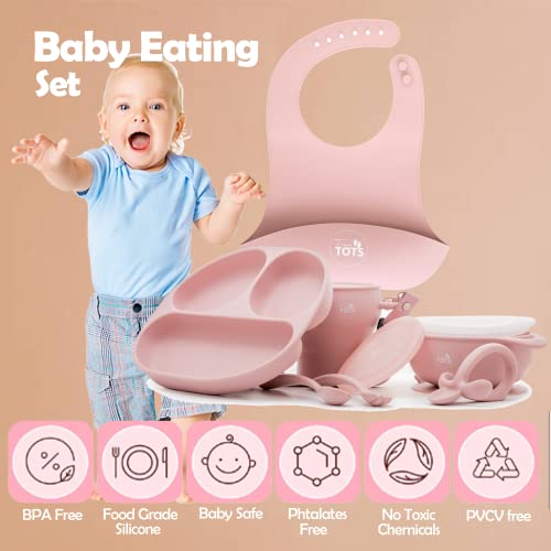 Tiny Tots - Baby Led Weaning Supplies - Feeding Essentials - Baby suction paltes & supplies: Bib, Suction Bowl & Suction Plate, Collapsible Cup, and Utensils - Easy to use feeding set (Pink)