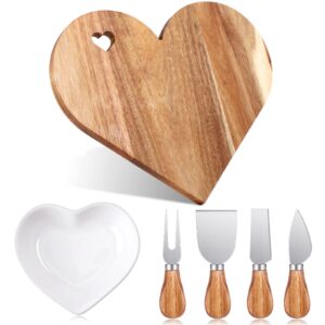 irenare 6 pcs heart shaped charcuterie board and serving set 12 x 10 x 0.6 inch acacia wood heart shaped cutting board cheese serving platter heart shaped plates ceramic heart bowl cheese knife set