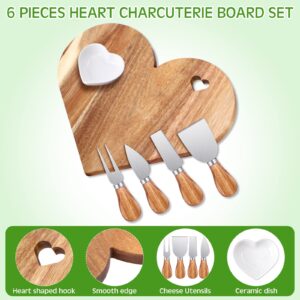 Irenare 6 Pcs Heart Shaped Charcuterie Board and Serving Set 12 x 10 x 0.6 Inch Acacia Wood Heart Shaped Cutting Board Cheese Serving Platter Heart Shaped Plates Ceramic Heart Bowl Cheese Knife Set