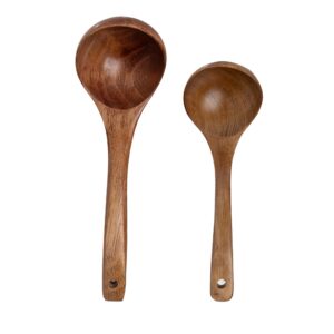eorta set of 2 wooden soup spoons deep ladle natural wood sauces/porridge soup flatware with long straight handle kitchen serving tools for dinner cooking catering gift, large, small