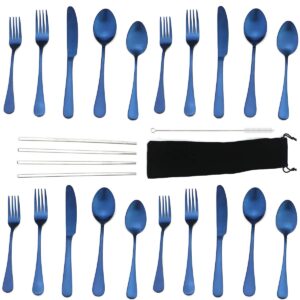 jashii modern royal 20 pcs blue 18/10 stainless steel utensils cutlery dinnerware set w/ 4 pcs straw, knife fork and spoon flatware set for wedding festival christmas party service for 4