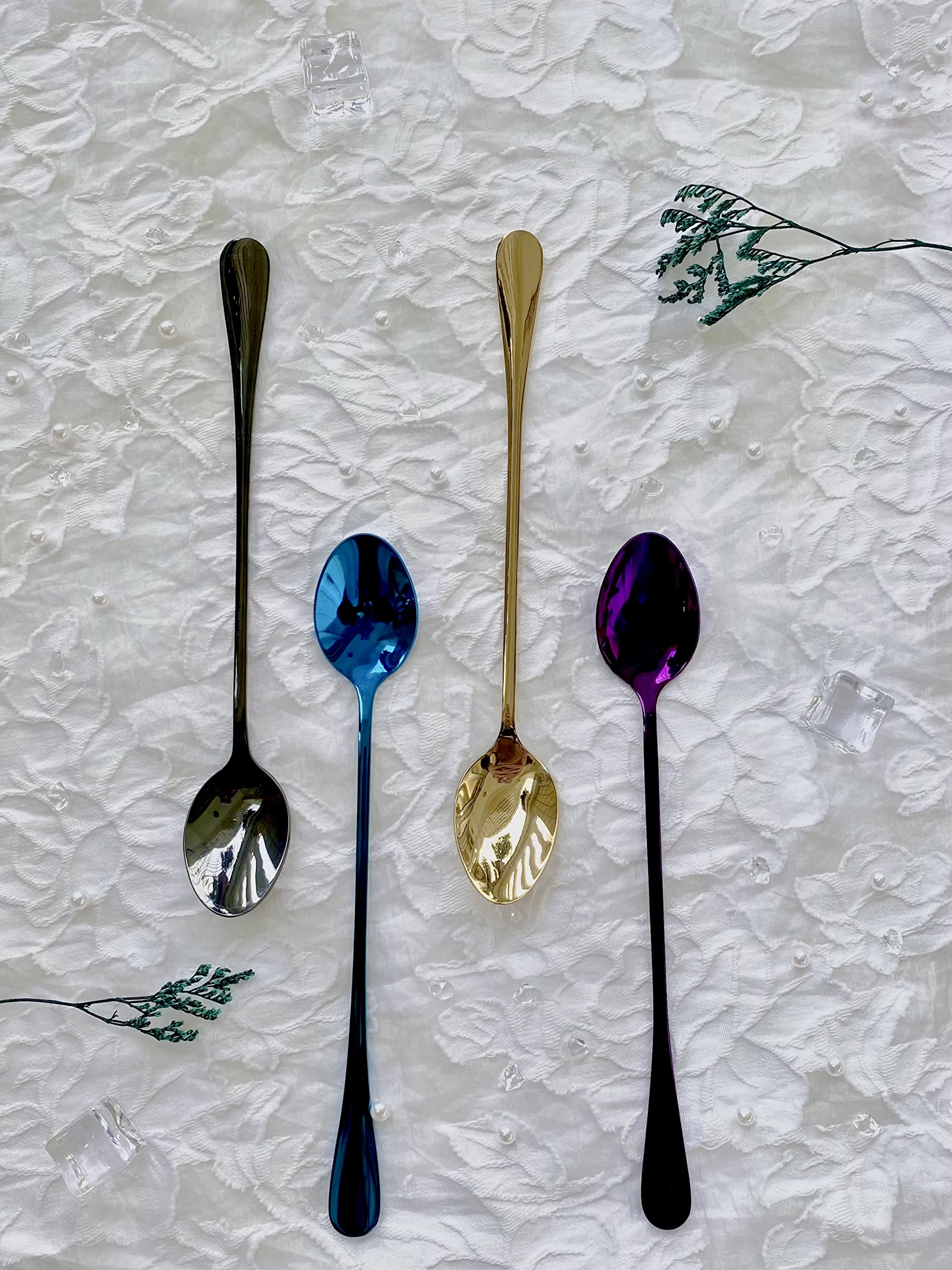 M.S. Long-handled ice tea spoon, cocktail stir spoons, stainless steel coffee spoons, ice cream scoop Set of 5(purple,7.68inch)