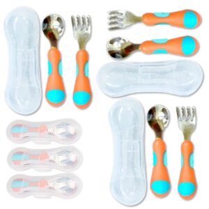 Toddler Utensils - Kids Silverware Set with Travel Case x 3 - Stainless Steel Forks Spoons for 1 2 3 4 Year Old. Metal Lunch Cutlery for Children Girls, Round Handle for Lunch-Box, 6 Pieces Pink Blue