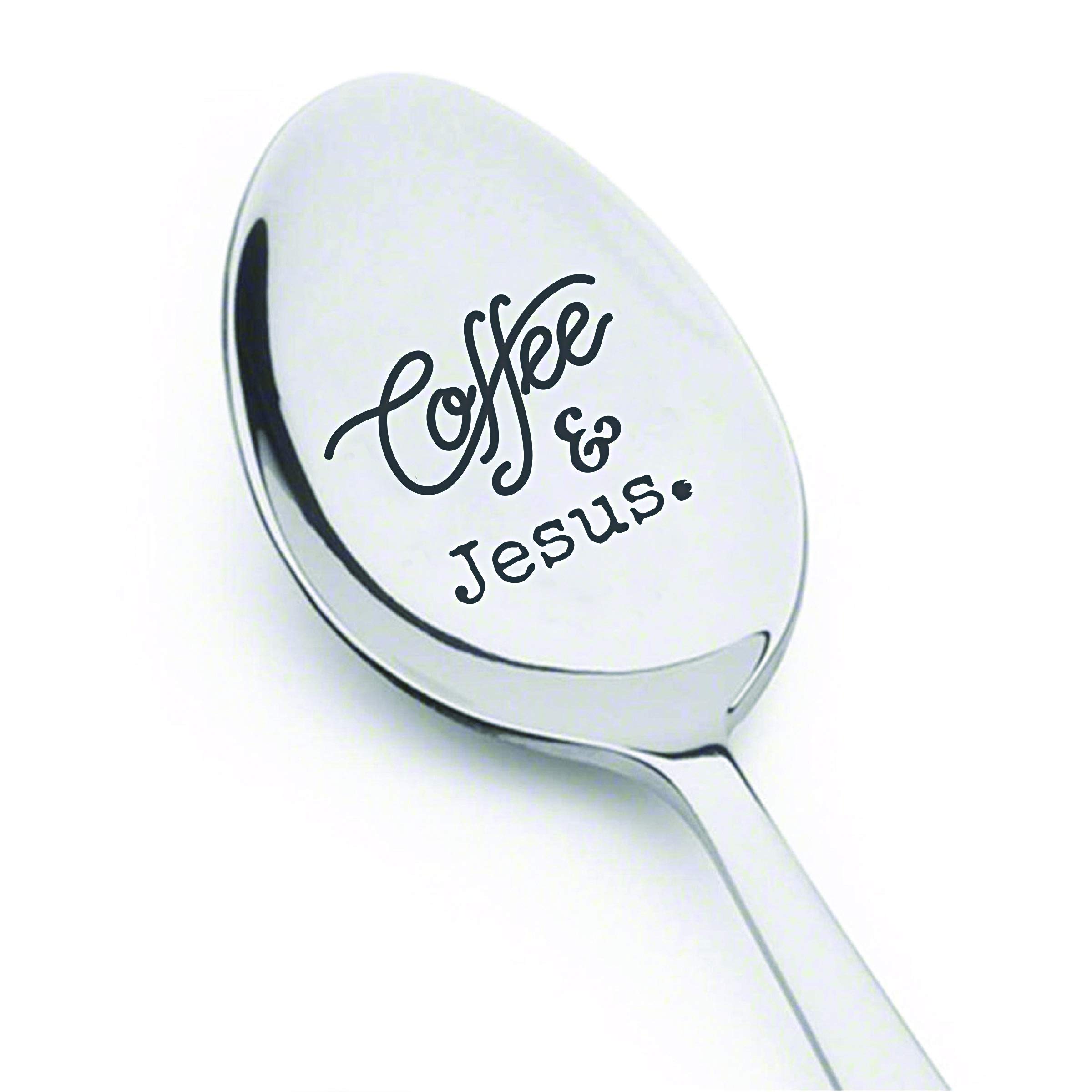 Coffee and Jesus Stainless Silver Engraved Spoon | Religious Wedding Present | Pastor Gift Idea | Love of Parents - Children Son/Daughter | Spiritual Holy Gift for Christmas Coffee Lovers - 7 Inch