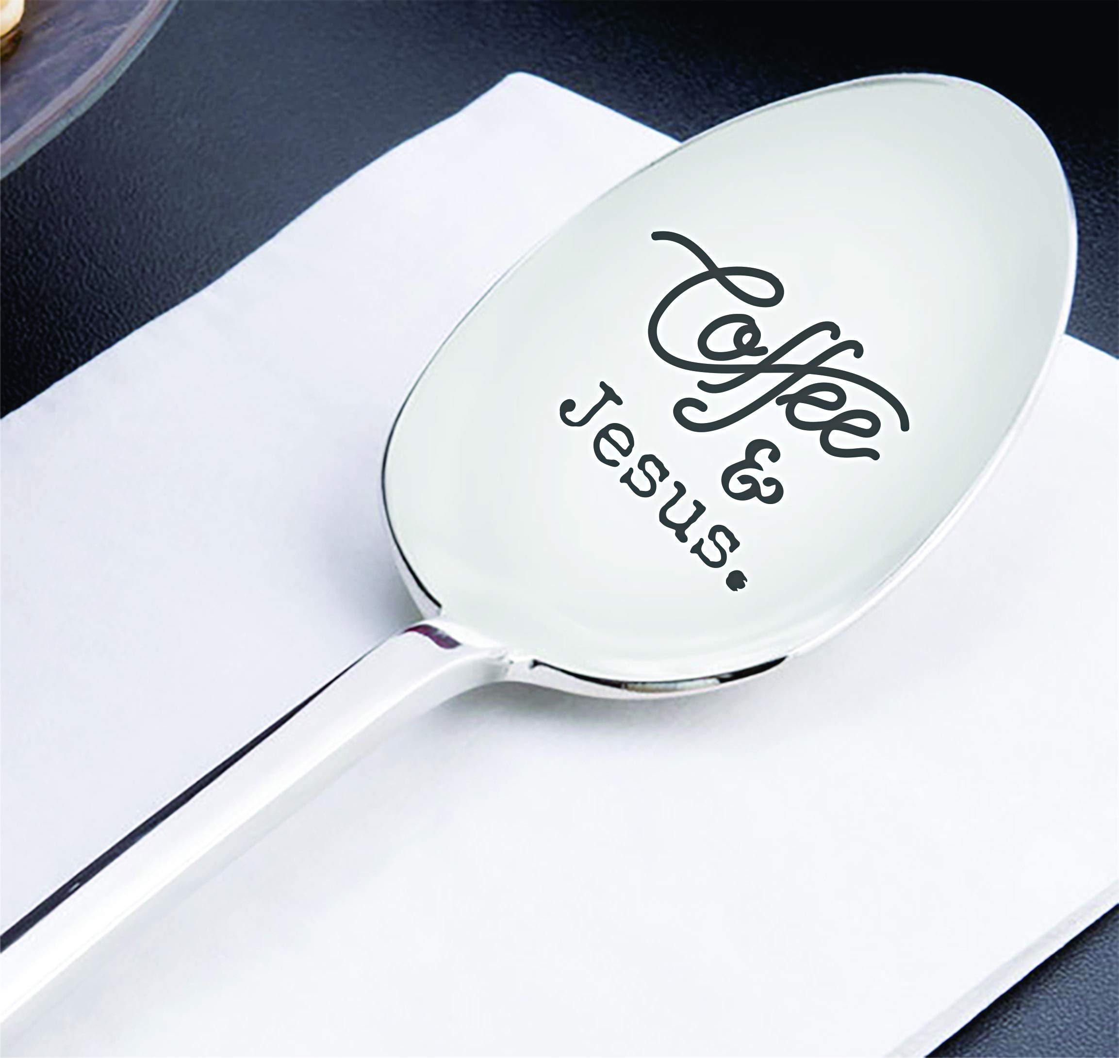 Coffee and Jesus Stainless Silver Engraved Spoon | Religious Wedding Present | Pastor Gift Idea | Love of Parents - Children Son/Daughter | Spiritual Holy Gift for Christmas Coffee Lovers - 7 Inch