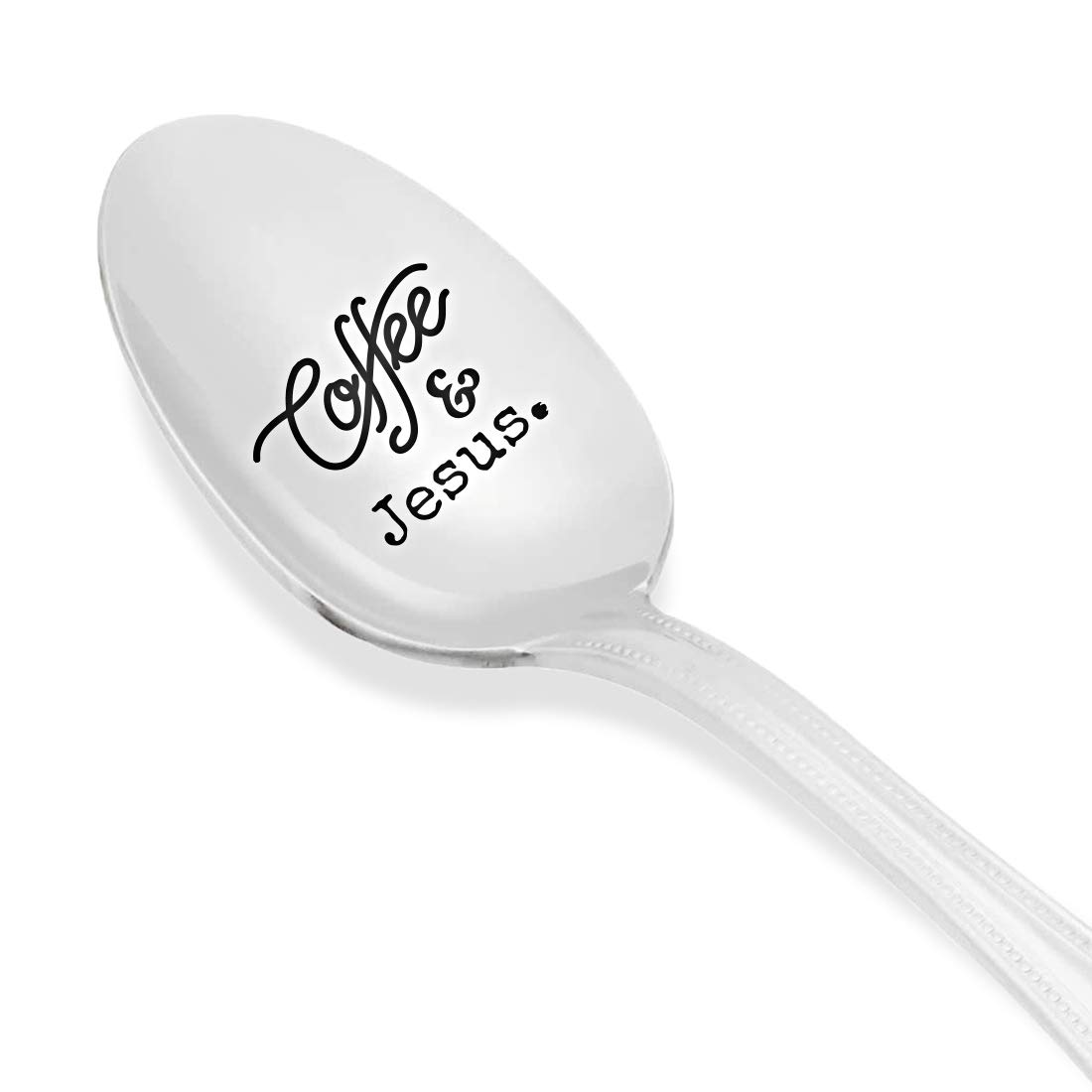 Coffee and Jesus Stainless Silver Engraved Spoon | Religious Wedding Present | Pastor Gift Idea | Love of Parents - Children Son/Daughter | Spiritual Holy Gift for Christmas Coffee Lovers - 7 Inch