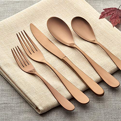 20 Piece Matte Copper Silverware Set, Ornative Félicie Flatware Cutlery Service for 4, Includes Knives, Forks, Spoons, Stainless Steel Utensil for Home Kitchen Restaurant, Dishwasher Safe