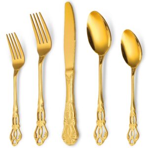 retro royal 20 pieces stainless steel silverware set,anti-rust flatware cutlery set for 4,luxury kitchen utensil tableware set include fork spoon knife,mirror polished dishwasher safe,gold