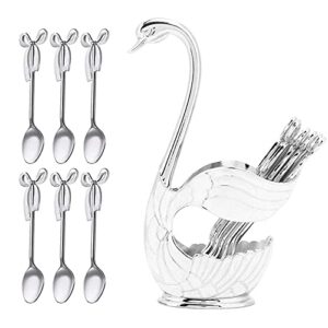 metal spoon set includes swan base holder and 6 spoons, coffee dessert flatware dinnerware set with organizer (silver)