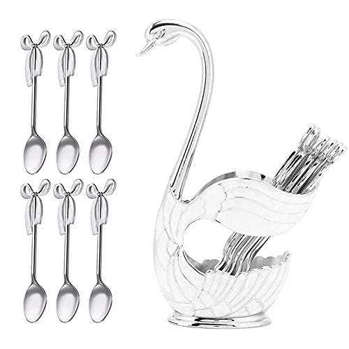 Metal Spoon Set Includes Swan Base Holder And 6 Spoons, Coffee Dessert Flatware Dinnerware Set With Organizer (Silver)