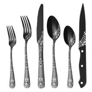 euirio 36-piece black silverware set with steak knives, black flatware set for 6, stainless steel mirror cutlery set, spoons forks knives set with unique floral laser, eating utensils, dishwasher safe