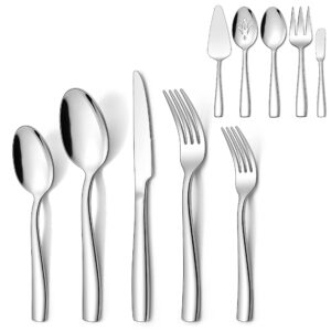 lianyu silverware set, 45-piece flatware set with serving utensils, stainless steel cutlery flatware set for 8, eating utensils tableware with knife fork spoon, mirror finish, dishwasher safe