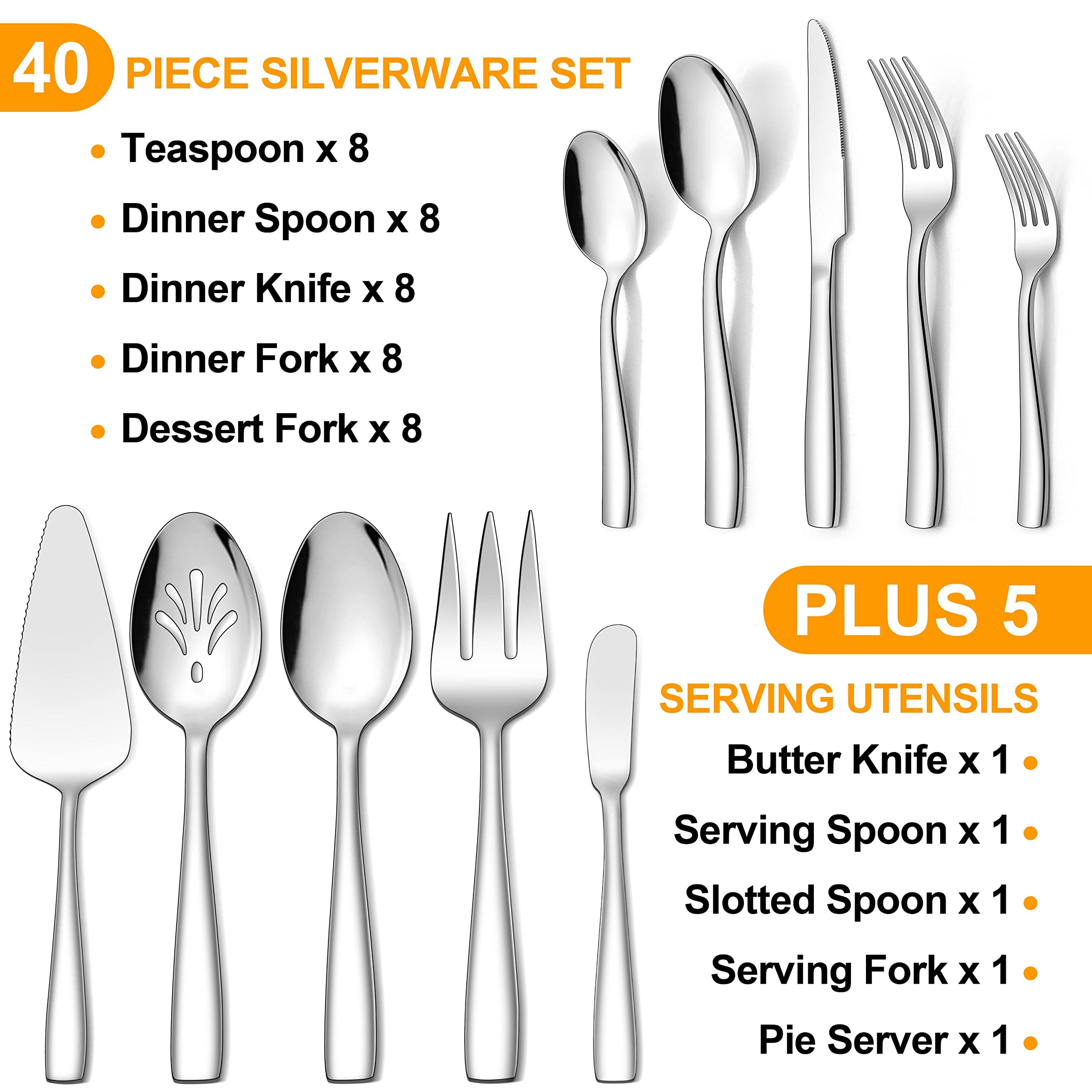 LIANYU Silverware Set, 45-Piece Flatware Set with Serving Utensils, Stainless Steel Cutlery Flatware Set for 8, Eating Utensils Tableware with Knife Fork Spoon, Mirror Finish, Dishwasher Safe