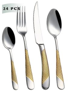 vandbao flatware cutlery silverware set 24 pieces, gilding 18/10 stainless steel utensils, tableware set service for 6, include knife/fork/spoon, reusable, mirror polished, dishwasher safe
