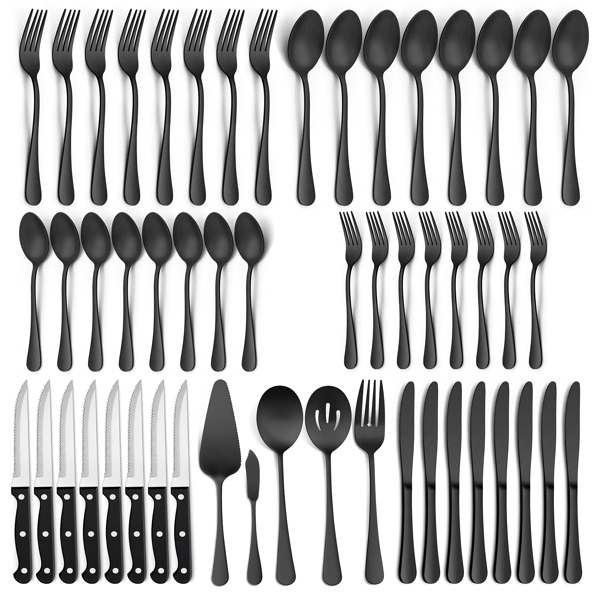 LIANYU 53-Piece Matte Black Silverware Set with Steak Knives and Serving Utensils, Modern Stainless Steel Flatware Cutlery Set for 8, Fancy Eating Utensils Tableware, Dishwasher Safe